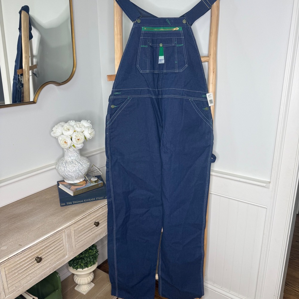 Liberty Mens Blue Denim Bib Overalls Green Stitching 46x32 NWT